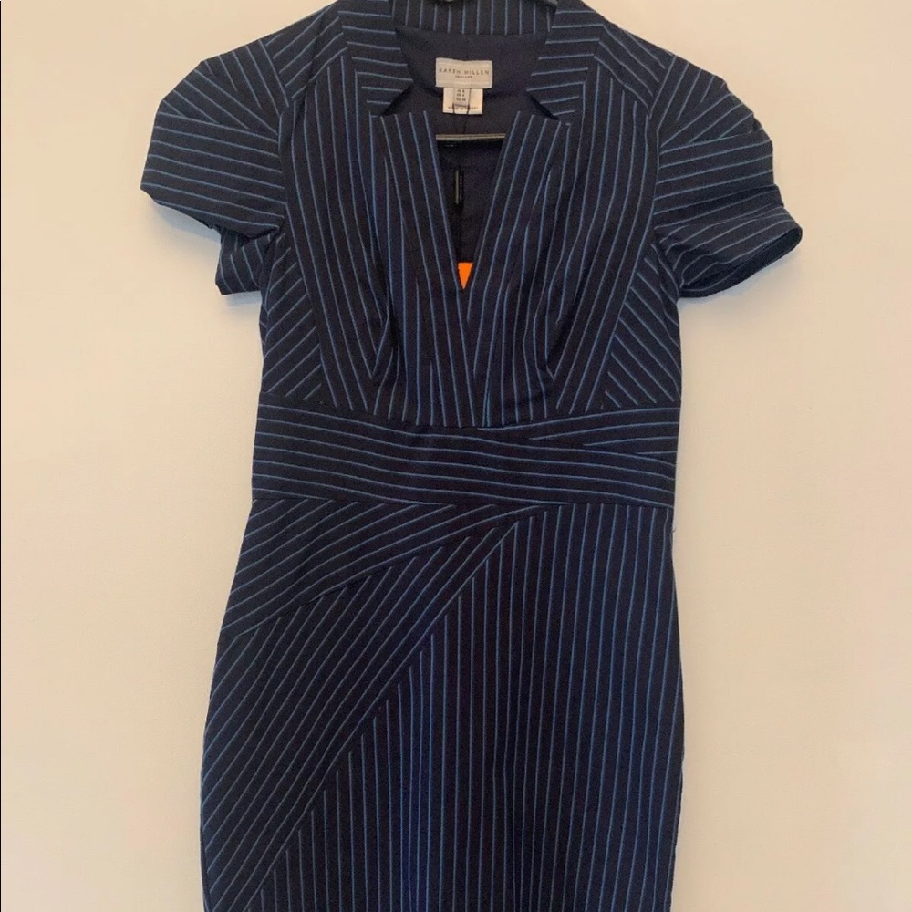 Karen Millen Dress Blue Pin Stripe Fitted 36 XS